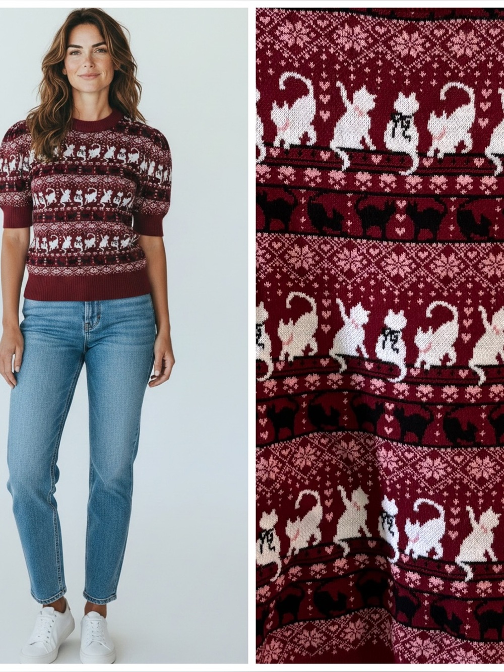 NWOT UNIQUE VINTAGE Burgundy Short Sleeve Cat Print Sweater